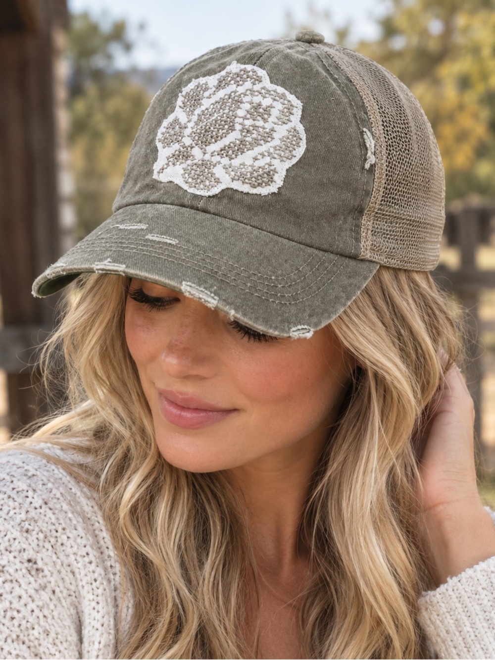 Destroyed Vintage Style Cap with Cross Stitched Flower